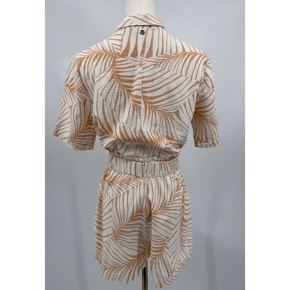 Roxy Palm Print Button Front Short Sleeve Romper Jumpsuit XS Neutral Tan Boho - Picture 2 of 7